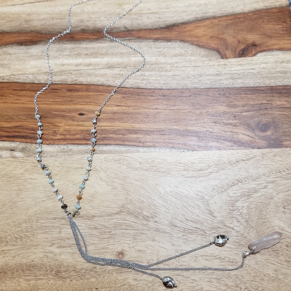 Boho Silver Multi Beaded Y Necklace Quartz Pendant